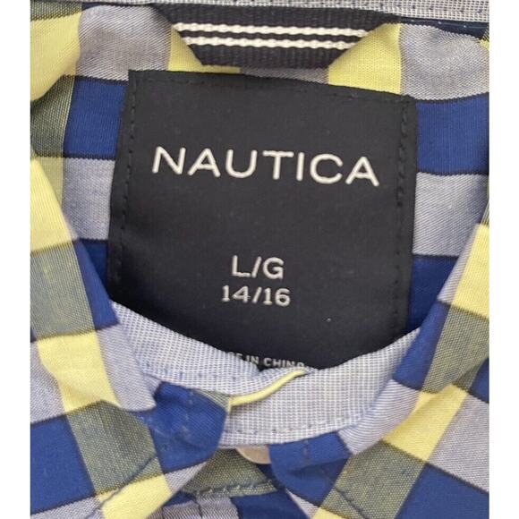 Nautica Boys Short Sleeve Dress Shirt Large 14/16 Button Front Blue Yellow Check - Picture 2 of 7